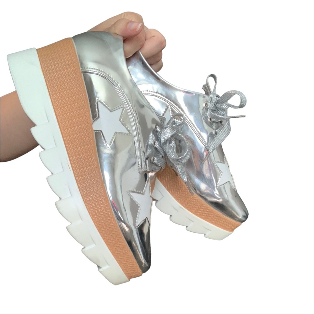 Silver Platform Star Cutout Wedge Lace Up Shoe
